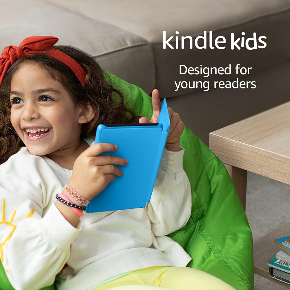 Image showing a girl happily smiling holing her new kindle paperwhite kids. Buy Amazon Kindle Kids designed for young readers.