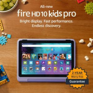 A colorful and durable tablet designed for kids ages 6-12, featuring parental controls and a kid-friendly interface. All-new Amazon Fire HD 10 Kids Pro tablet | ages 6–12, 10.1" brilliant screen, long battery life, parental controls, slim case, 2023 release, 32 GB, Happy Day