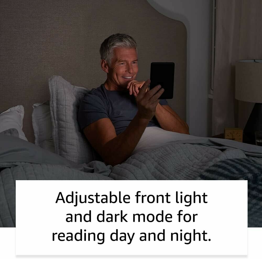 image of The Kindle (2022 release) with the text - adjustable front light and dark mode for reading day and night.